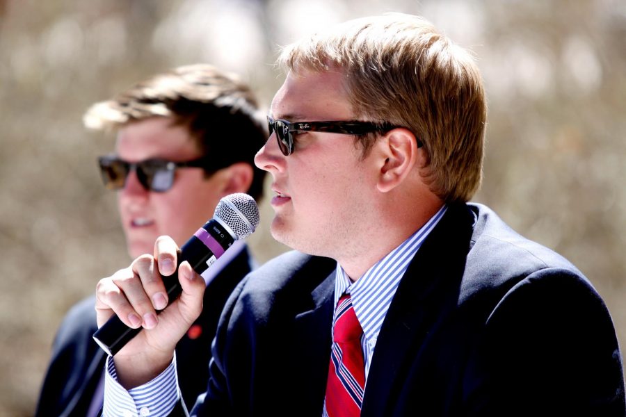 Candidates John Dietrick (right) and Peter Muller (left) respond to a question at the ASCSU debate Friday afternoon on the Plaza. Dietrick previously been an associate justice on the ASCSU Supreme Court.