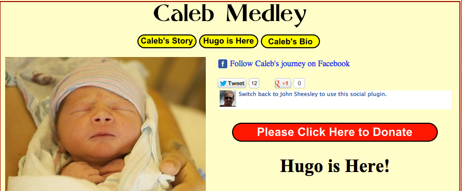 Photos of baby Hugo appear on CalebMedley.com. This site is set up for updates on the progress of Caleb Medley, a victim of the Aurora shooting.