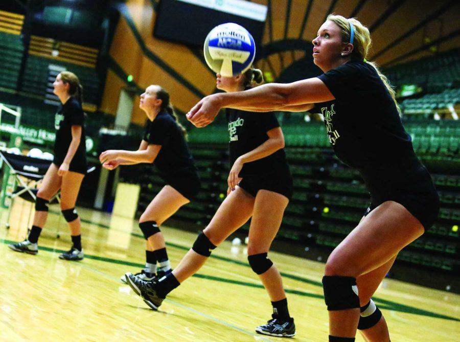 Junior middle blocker Samatha Peters returns a ball during warmup at an afternoon practice. The Rams will play UCLA at home in Moby this Saturday.