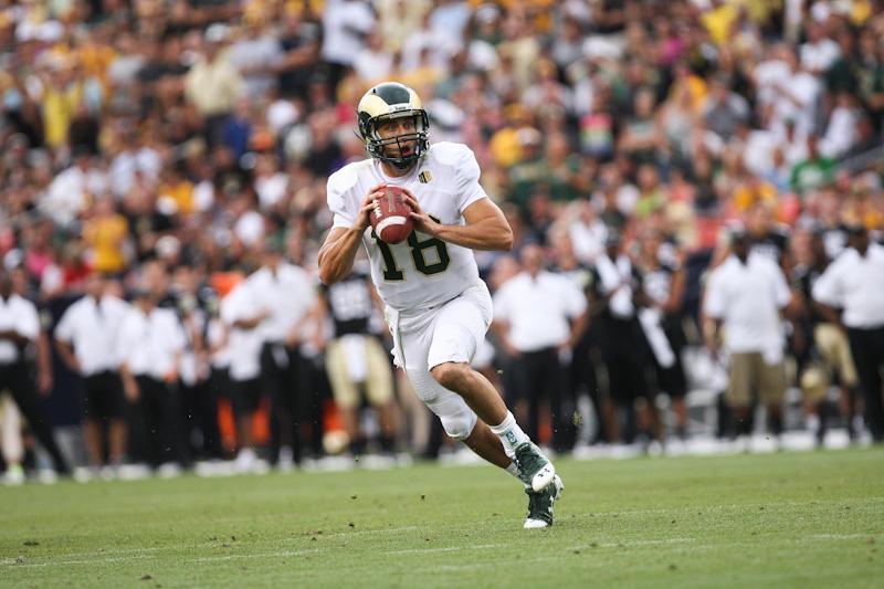 Quarterback Garrett Grayson eyes a receiver downfield in the third quarter of the Rocky Mountain Showdown. The Rams defeated CU-Boulder 22-17, their first win against CU since 2009.