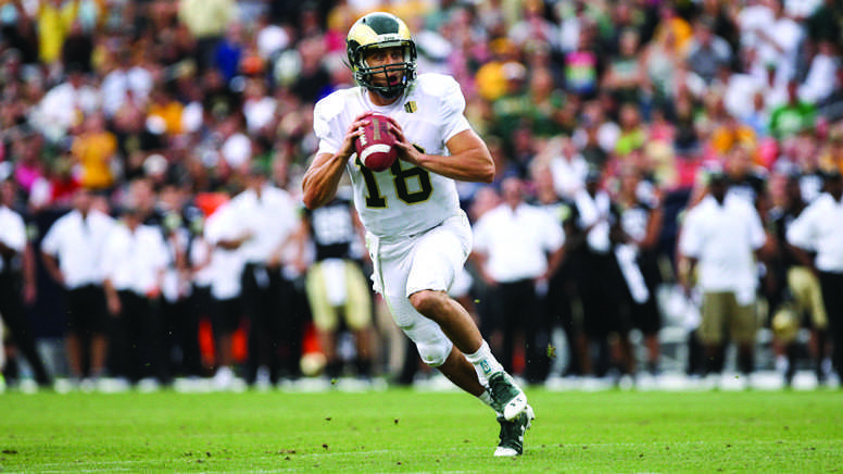 Quarterback Garrett Grayson eyes a receiver downfield in the third quarter of the Rocky Mountain Showdown. The Rams defeated CU-Boulder 22-17, their first win against CU since 2009.