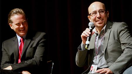 Director of The Citizen, Sam Kadi, left, speaks about the film at the Lincoln Center premier of the 9/11 court room drama Friday night. The film kicked off the three day Tri-Media film festival.