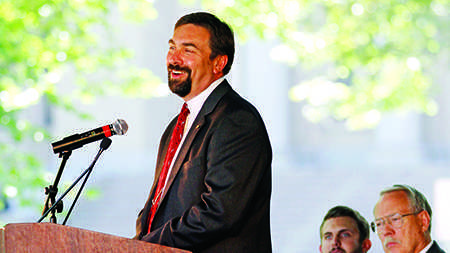 CSU President Tony Frank address attendees at the Fall Address on the Oval in 2010. The Fall Address, first held in 1997, features music and entertainment by the CSU Marching Band and Golden Poms.