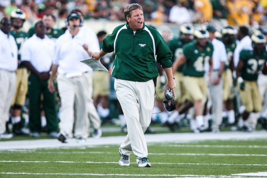 Colorado State Coach Jim McElwain reacts to a call made in the second quarter of Saturdays home loss versus North Dakota State Unveristy.  CSU was defeated 22-7 in front of a sold out crowd at Hughes Stadium.