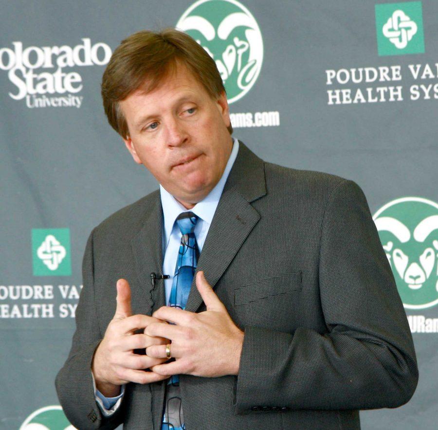 Coach McElwain talks about the upcoming recruits at a press conference in February. McElwain is holding a meeting for players interested in walking on the football team.