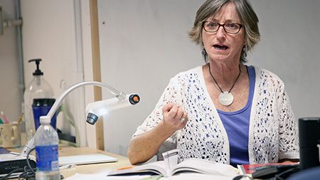 Professor Bev McQuinn, who has been teaching at CSU for over 25 years, discusses media audience basises in her composition class Monday at Eddy Hall. McQuinn represents one of many adjunct professors at CSU who are considdered 