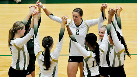 CSU celebrates during last week's match at Moby Arena. The Rams begin preparation for Wyoming this week.