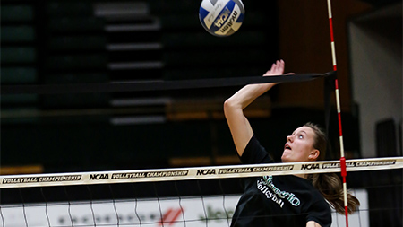 Outside Hitter Dana Cranston kills a ball in practice Tuesday afternoon. The Ram will be playing UNLV in Las Vegas on Sunday.
