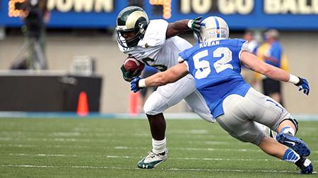 Chris Nwoke (6) runs past Josh Kusan (52) during the third quarter of CSU's game versus Air Force. The rams will be coming back from a bye-week to take on Hawaii this Saturday at Hughes Stadium.