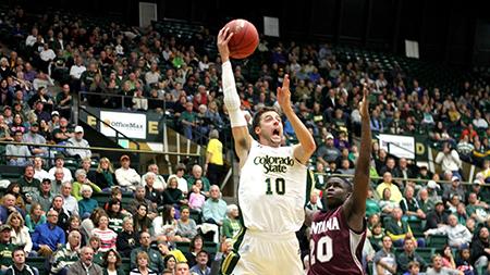 Senior guard Wes Eikmeier, 10, goes for two in the CSU win against Montana Friday night at Moby. The Rams came from behind in the second half to win their home opener 72-65.