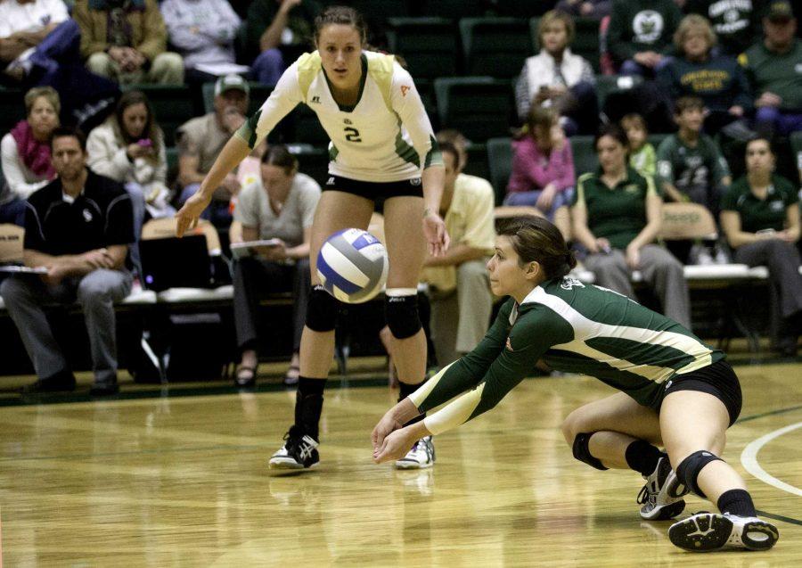 Libero Izzy Gaulia dives for the ball during the first game of Saturdays four game match at Moby Arena. The Rams walked away defeating visiting Fresno State 3 games to one.