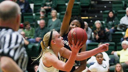 Forward Meghan Heimstra goes for a lay up against the Northern Colorado Bears. CSU beat the Bears 56-43 Tuesday night.