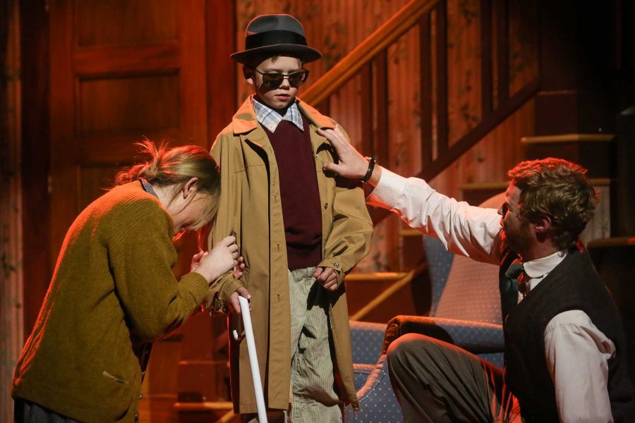 Ralphie, played by Nate Wozniak, is blind in a daydream as his dad, junior theatre major Tim Werth, and   mom, freshman theatre major Annie Booth, wheep to him. A Christmas Story opens tonight at the University Center for the Arts and will run Thursday through Sunday until December 15.