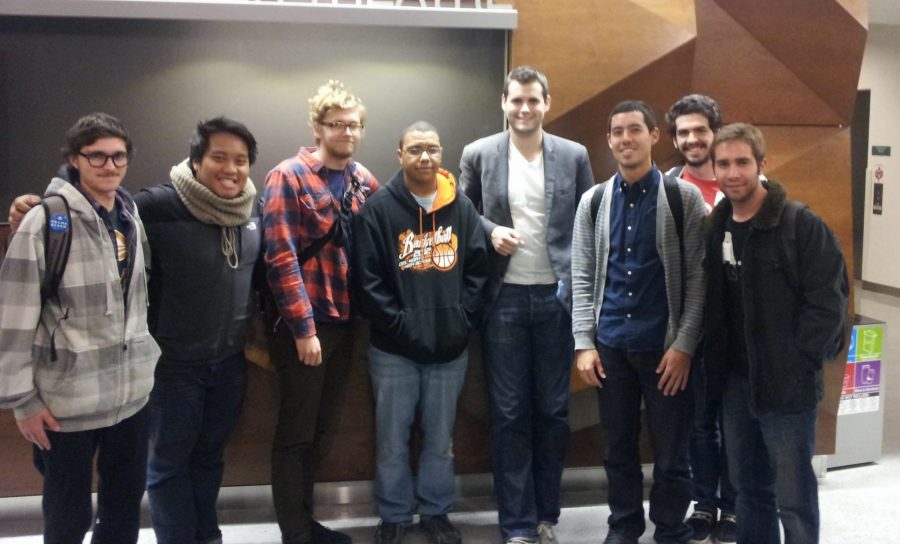 From left to right, Tyler Blanch, Josef Canaria, Cory Powell, Leroy Jones, Zach Wahls, John Harrold, Matthew Juneau, Cody Sprague
pose after Zach Wahls spoke in the LSC theatre on marriage equality.