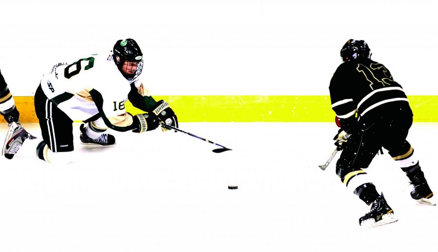 Junior forward Erik Waring, 16 chases down the puck during there win over University of Colorado earlier this season.