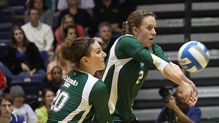 Senior outside hitter Dana Cranston and redshirt junior MIchelle Smith receive the ball against Northern Colorado. CSU finished the 2012 season 21-8 and won a 4th straight Mountain West title.