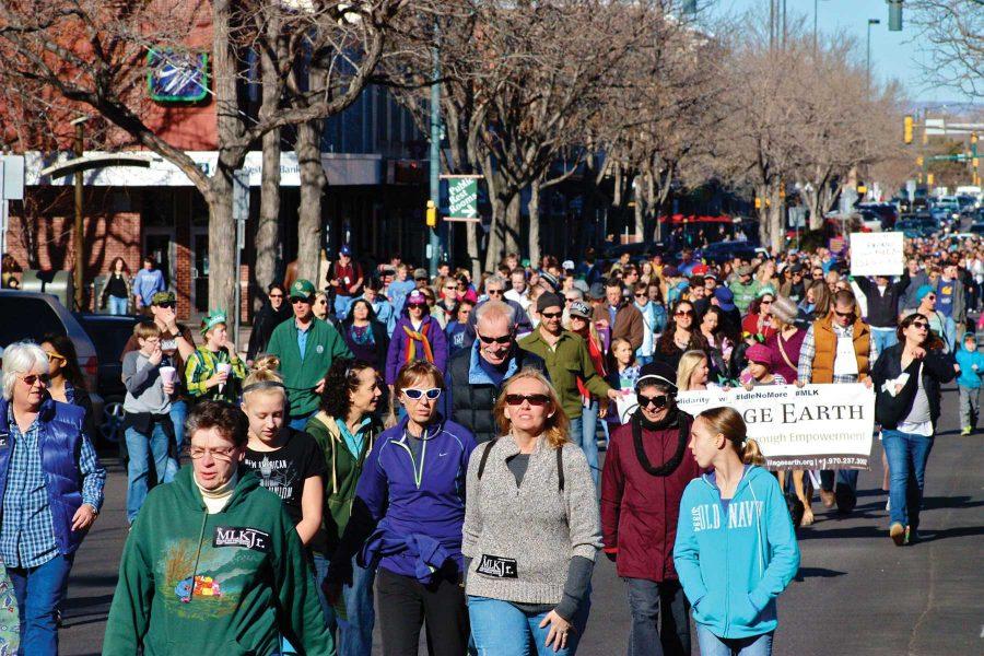 Hundreds of Fort Collins community members marched from Old Town Square to the LSC plaza in celebration of Martin Luther King Jr. and to advocate for human rights. Particpants of the march wore MLKJr. buttons and carried signs illuminating their appreciation for the singificant work done by Martin Luther King Jr. for the freedom of all persons.