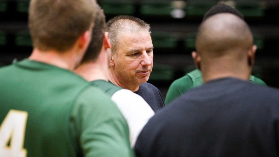 Head basketball coach Larry Eustachy talks to the team during practice Tuesday afternoon in Moby Arena. Tomorrow the Rams will be playing Fresno State on the road.