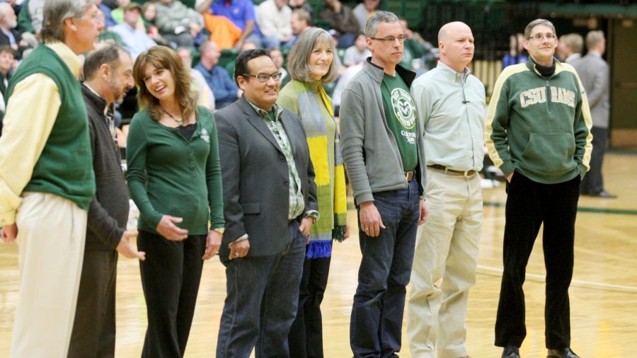 The Best Teachers standing alongside Athletic Director Jack Graham at the Best Teacher Awards 2012 at half time of the CSU/Boise State game in Moby Arena on Wednesday night. The professors were cheered on by their students in the crowd on this special occasion.