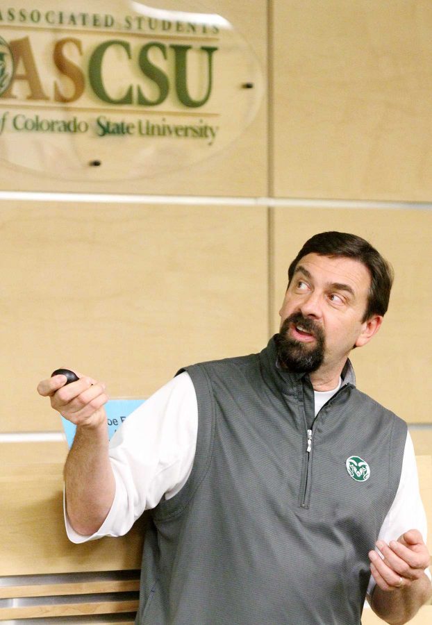 Colorado State President Tony Frank speaks to the senate about tuition Wednesday evening in the Lory Student Center. Frank mentioned that last year was the first year that the university made more money from private donations than from government funding.