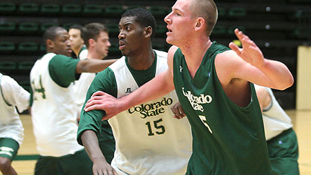 Senior center Colton Iverson calls for the ball against junior Gerson Santo in practice. CSU play Wyoming Saturday at 5 p.m.