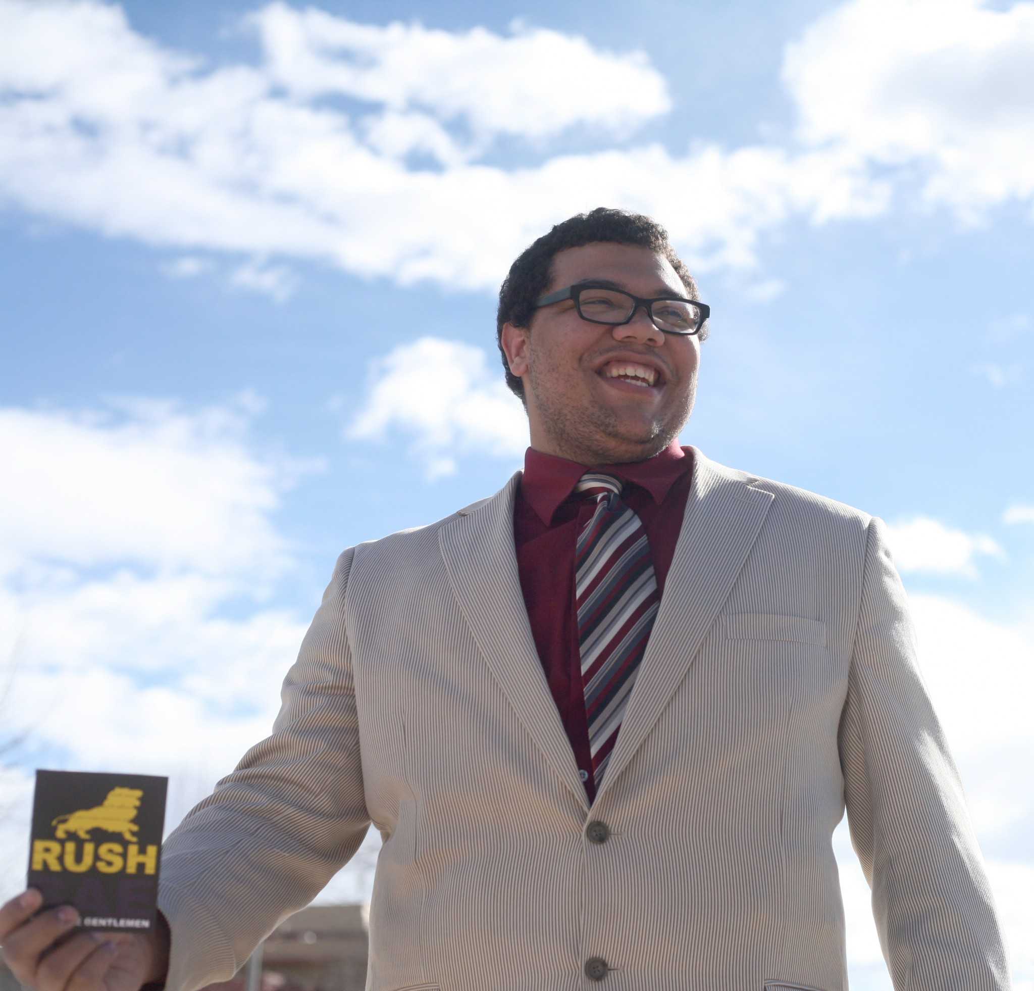 Junior Business major Isaac Oguin hands out flyers on the plaza encouraging students to rush his Fraturnity Thursday. Spring Rush another opportunity to get connected with CSU's 23 fraternities and 14 sororities with over 1,500 members total.