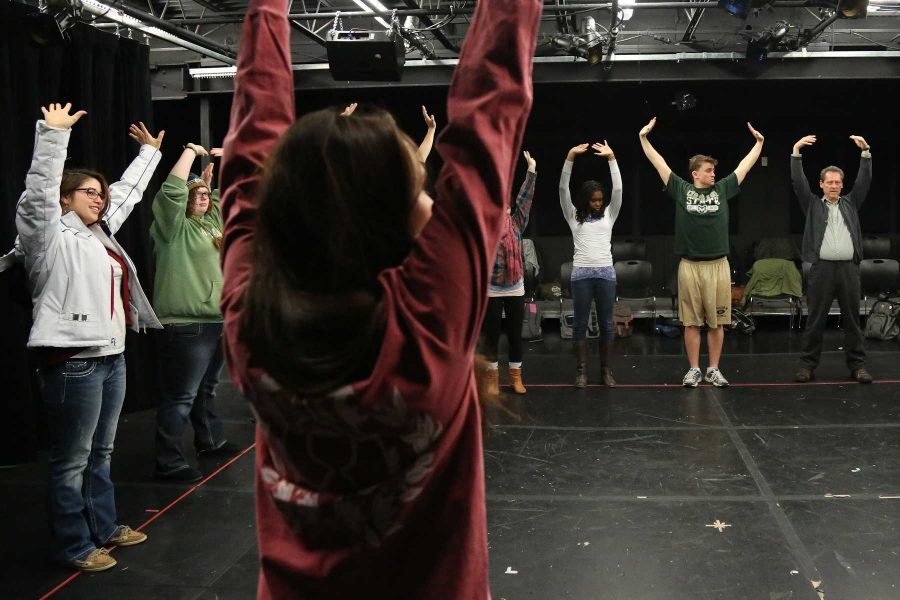Students warmup before practicing monologues in Professor Eric Princes Theatre class Monday morning at the University Center for the Arts. Since 2006 the number of theater majors has tripled, sparking changes such as the addition of upper division courses and Major name changes so that students can more easily find the major.