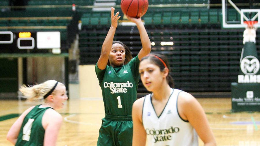 LeDeyah Forte (1) takes a shot at practice in Moby Arena on Monday. The Rams prepare to take on Nevada in Moby Arena at 7 Wednesday night.