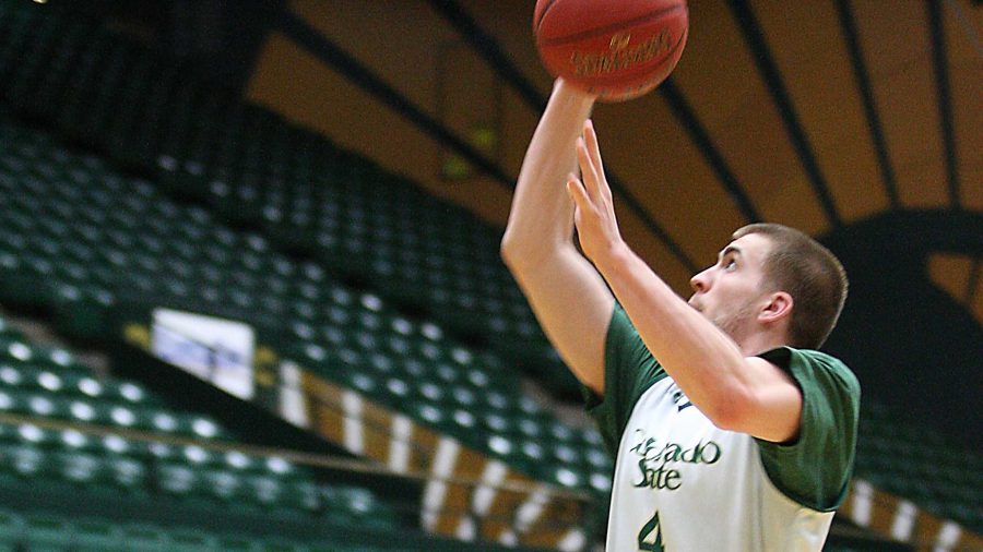 Pierce Hornung (4) goes up for a dunk in practice in Moby Arena. The Rams are getting ready to face San Diego State next Wednesday in Moby Arena at 8 p.m.
