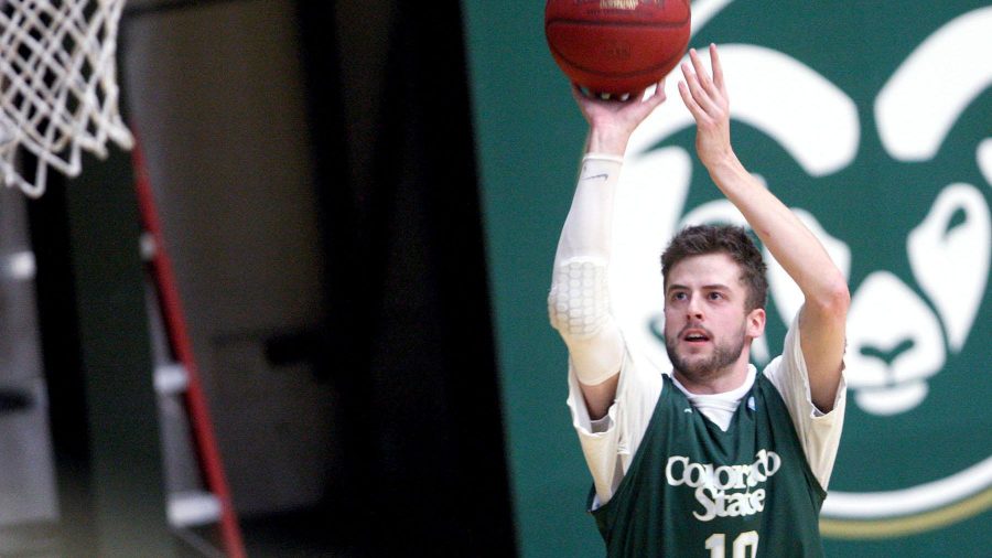 Senior Guard Wes Eikmeier (10) hits a shot during practice Tuesday at Moby. The Rams take on San Diego State tonight in an Orange Out game.