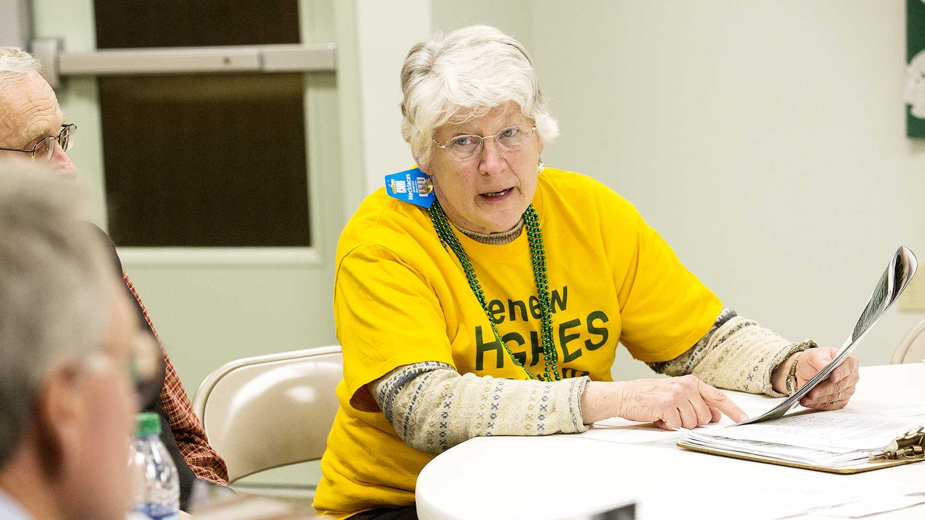 Fort Collins resident Jean Yule talks about the possibility of writing a letter to the editor at the Save Our Stadium Hughes meeting at the Westminster Presbyterian Church Wednesday night. The article called into question was seen in Colorado State's alumni magazine and featured the plans and philosophy behind the proposed on-campus stadium.