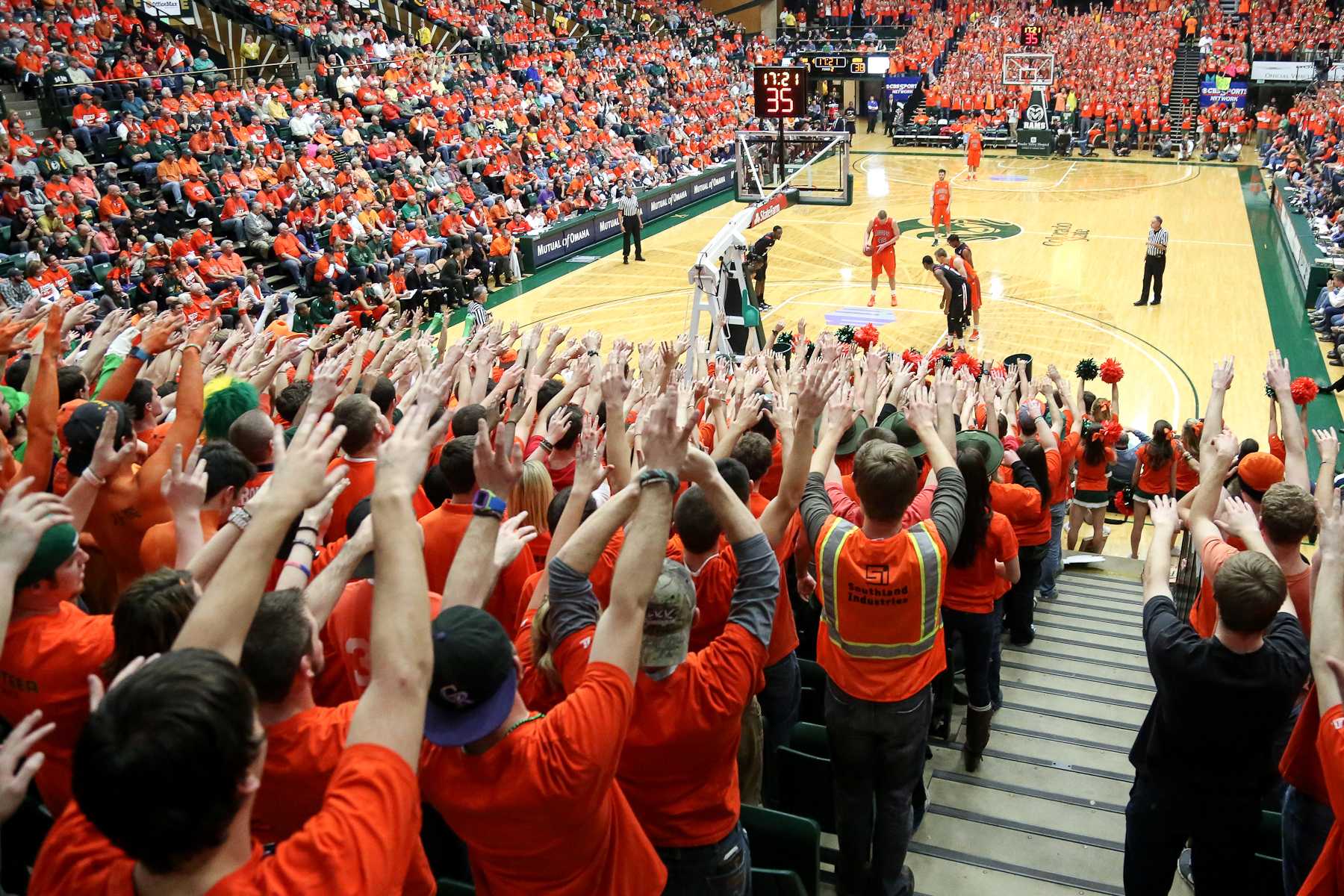 Moby Arena fans raise their hands as CSU center Colton Iverson shoots free throws Feb. 23 against San Diego State. The Rams are looking to extend their 27-game home winning streak Saturdy against No. 16 New Mexico.