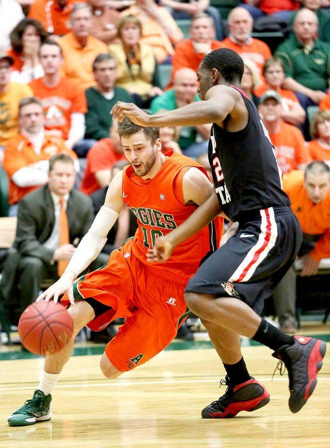 CSU guard Wes Eikmeier drives past SDSU guard Chase Tapley Feb. 23. The Rams host No. 16 New Mexico Saturday with first place in the Mountain West on the line.
