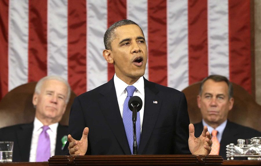 President Barack Obama, flanked by Vice President Joe Biden and House Speaker John Boehner of Ohio, gives his State of the Union address during a joint session of Congress on Capitol Hill in Washington, D.C., on Tuesday. (Pool photo by Charles Dharapak/AP via Abaca Press/MCT)