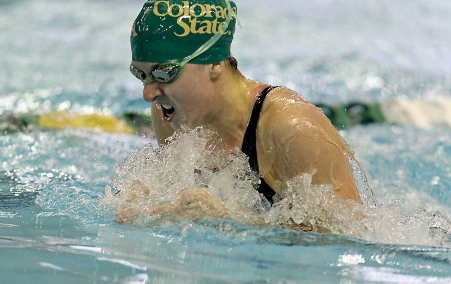 22 FEB 2013:  Colorado State's Kelly Mathews, senior, swims a 1:03.25 in the 100 yard breaststroke prelims of the Mountain West Conference 2013 Women's Swimming and Diving Championships held at Palo Alto Community College Aquatics Center in San Antonio, Texas, on Friday, February 22, 2013.  NCAA/ Rodolfo Gonzalez