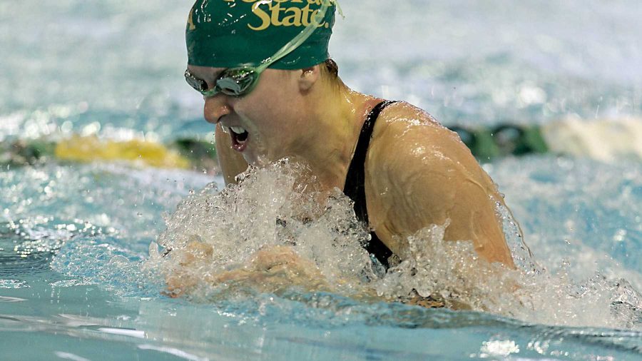 Colorado State's Kelly Mathews, senior, swims a 1:03.25 in the 100 yard breaststroke prelims of the Mountain West Conference 2013 Women's Swimming and Diving Championships held at Palo Alto Community College Aquatics Center in San Antonio, Texas on Friday.  NCAA/ Rodolfo Gonzalez