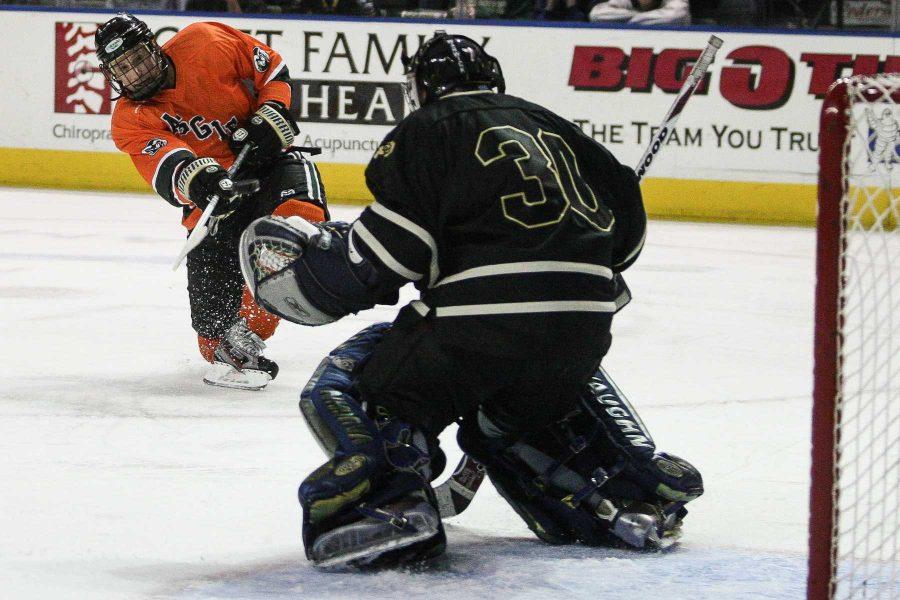 Vincent DiTirro (29) takes a shot during the second period of Tuesday nights matchup agains rival CU at the Budwiser Events Center. The Rams defeated the Buffs 7-3 to sweep the four game series.