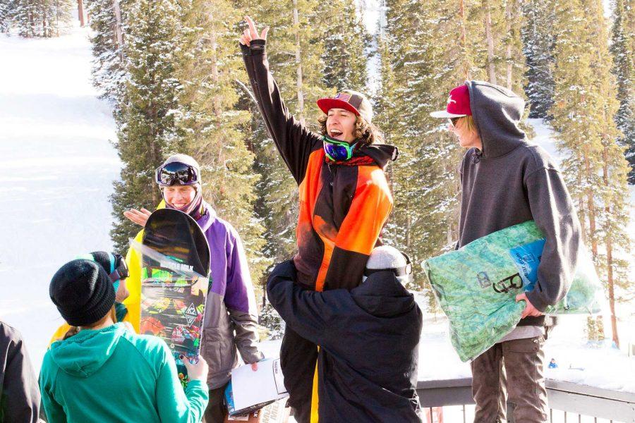 CSUs Dimitri Moreno (middle), Steve Merg (right) and Pierce Cameron (left) stand on their 1st, 2nd and 3rd place podiums respectively at the Snowdown Mens Snowboarding rail jam at Arapaho Basin on Saturday afternoon.