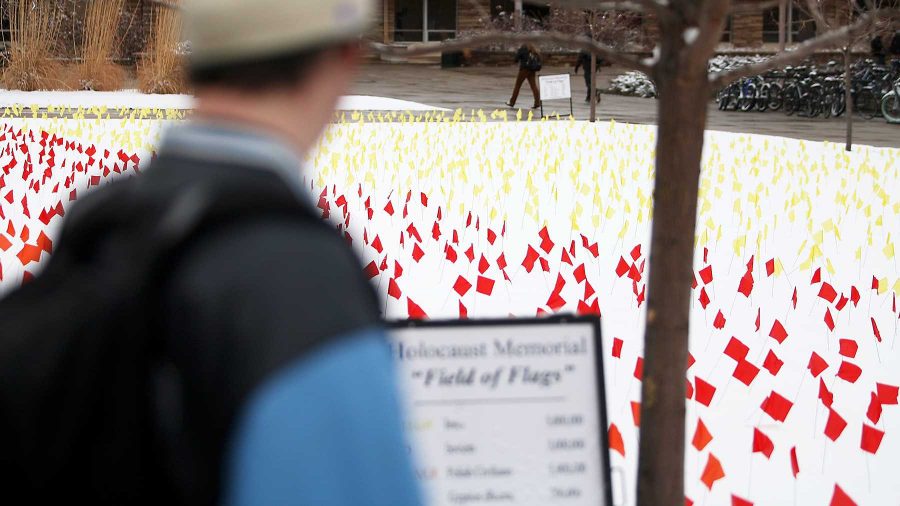 Parker Meneley, a sophomore microbiology major, looks in reflection at the Field of Flags Holocaust Memorial in the Lory Student Center Plaza on Monday afternoon. The memorial is in honor of Holocaust awareness week.