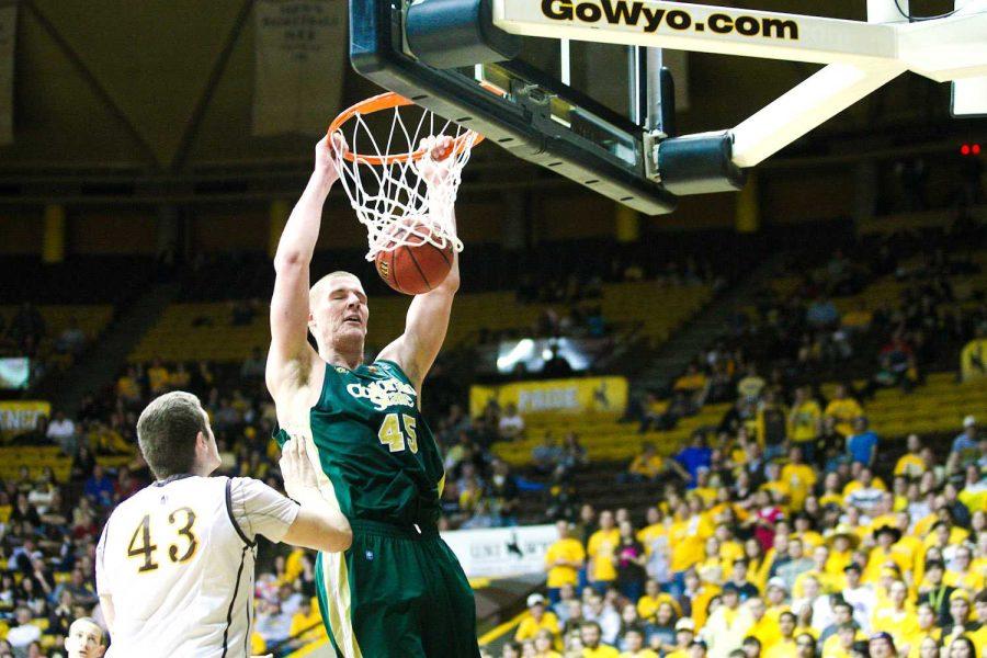 Colton Iverson, 45, shows his post power against Wyoming