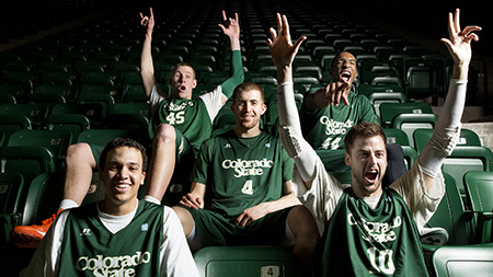 Top row left to right: Colton Iverson (45), Greg Smith (44), middle row: Pierce Hornung (4), bottom row: Dorian Green (22), and Wes Elkmeier (10) near the end of their CSU basketball career as they will be graduating by the end of the school year. The senior Rams prepare for their upcoming games in Las Vegas for the Mountain West Championship.