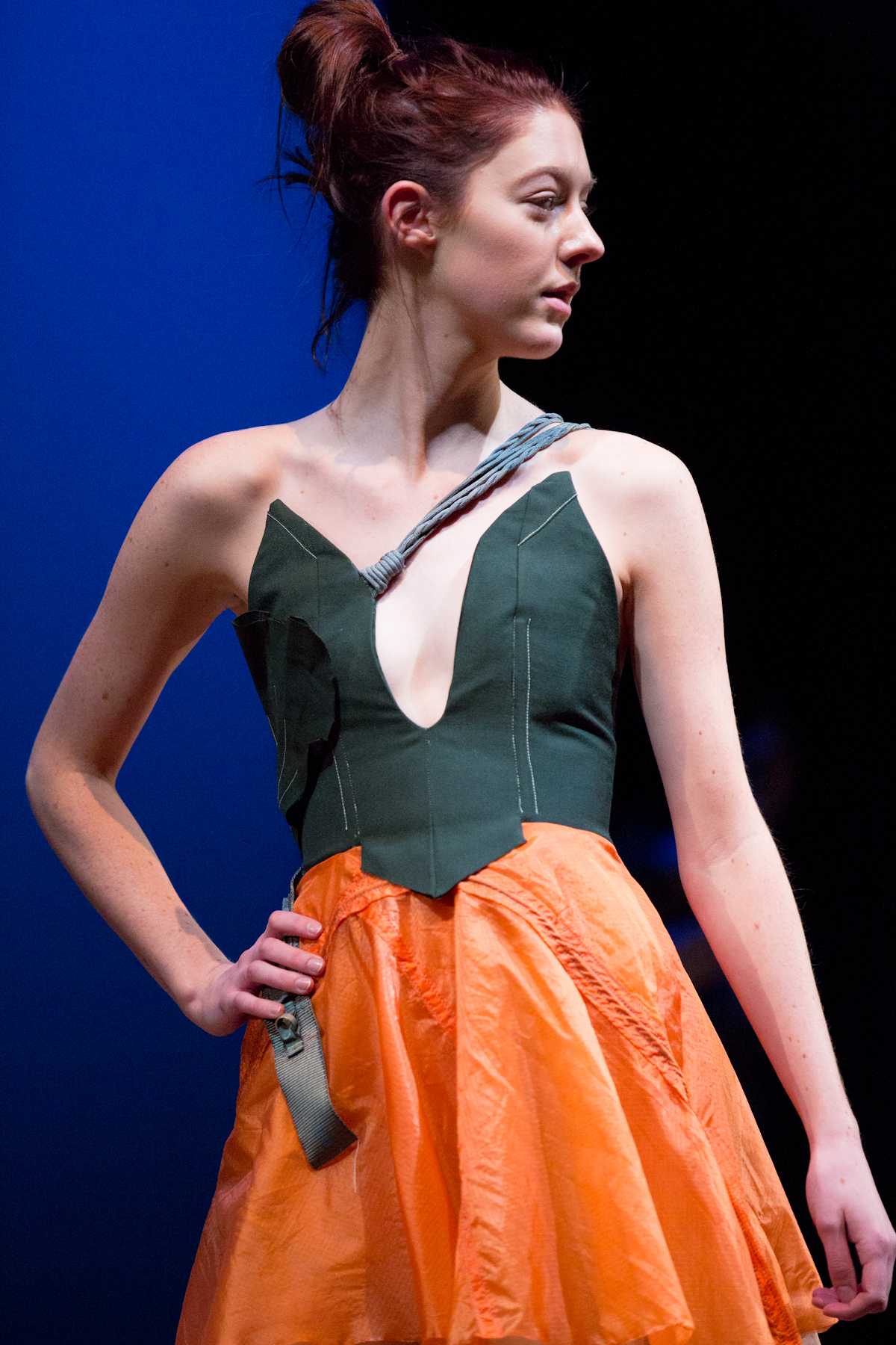 Jessie Weimer poses during a dress rehersal Thursday night for the spring fashion show in the Lincoln Center.
