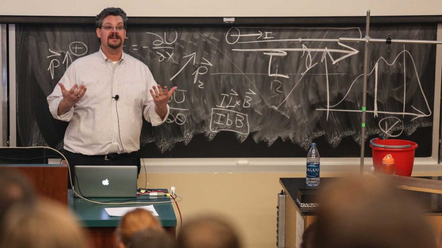 Physics professor Bruce Berger lectures students in the engineering building Monday afternoon. Although most college hire Adjunct professor to meet their needs, overall college employee mainly tenure-track faculty.