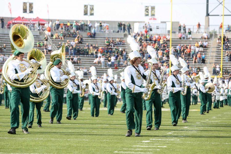 The Colorado State marching band performs at a football game at Hughes Stadium this past season. The marching band will be traveling to perform at the 2013 Saint Patricks Day Parade in Dublin, Ireland.