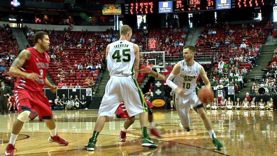 Senior Guard Wes Eikmeier works his way to the basket at the first round game against Fresno State in Las Vegas at the Mountain West Tournament. The Rams won 67-61 and will advance to the next round.