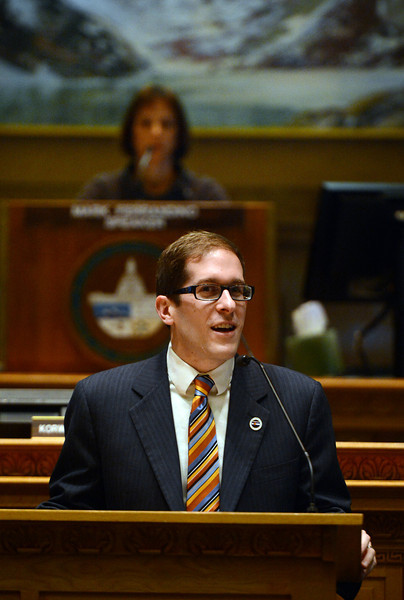 DENVER, CO. - MARCH 12: House Speaker Mark Ferrandino, D-Denver, right, addresses the house before a vote on civil union at the state capitol in Denver, CO March 12, 2013. Senate Bill 11 is sponsored by Ferrndino of Denver and Rep. Sue Schafer of Wheat Ridge, two gay Denver Democrats. The Bill passed and will allow gay couples to form civil unions in Colorado. (Photo By Craig F. Walker/The Denver Post)
