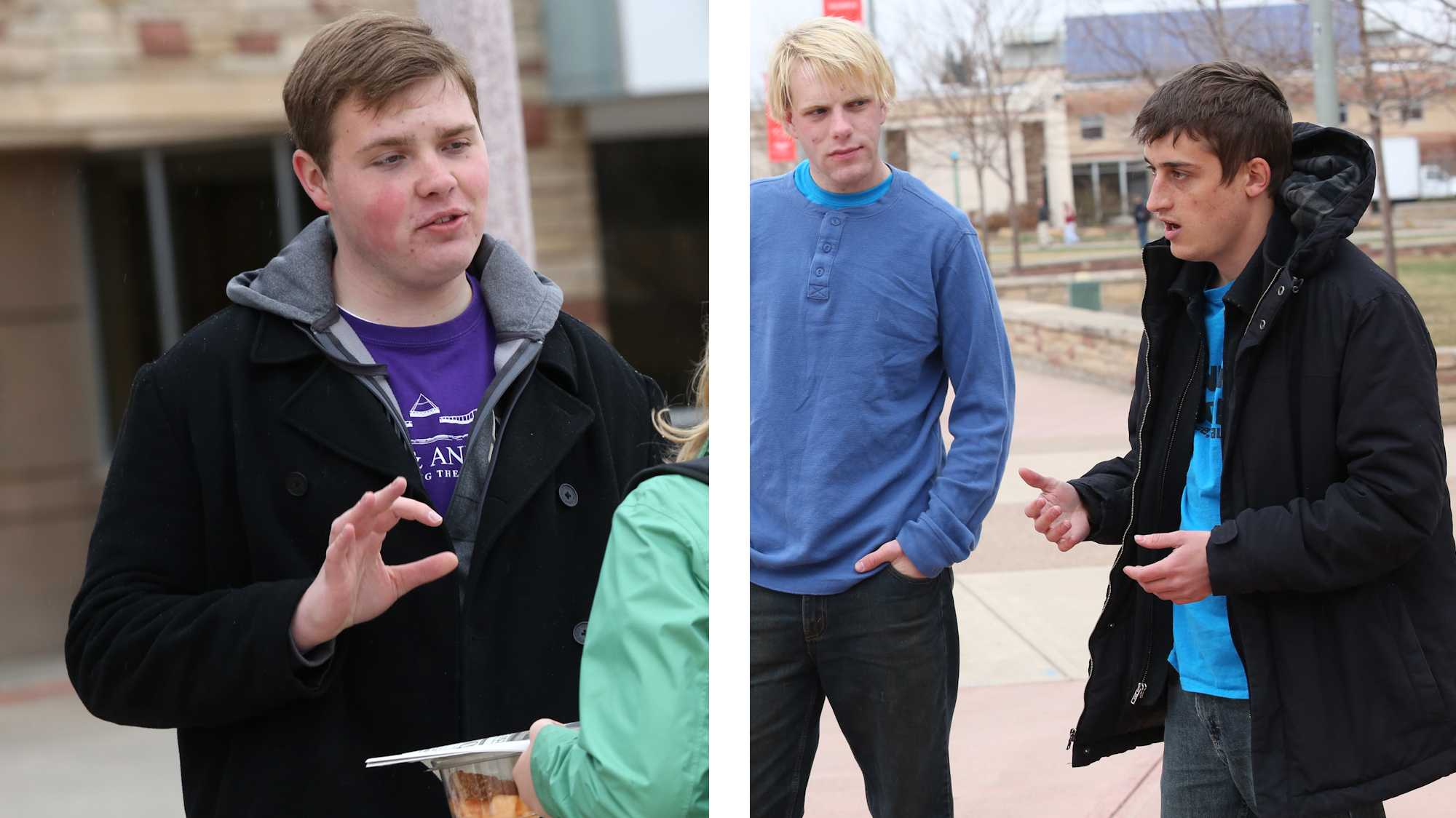 ASCSU vice presidential candidate Andrew Olson, left, explains his running platform to senior spanish education major Stacit Stubbendick outside of the Lory Student Center Tuesday afternoon. The ASCSU presidential debate will take place tonight in the LSC Theater.