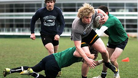 Kyle Eichelberger breaks a tackle for a try on Monday's practice. The Rams will be having their next home game on Wednesday April 10th at 7pm.