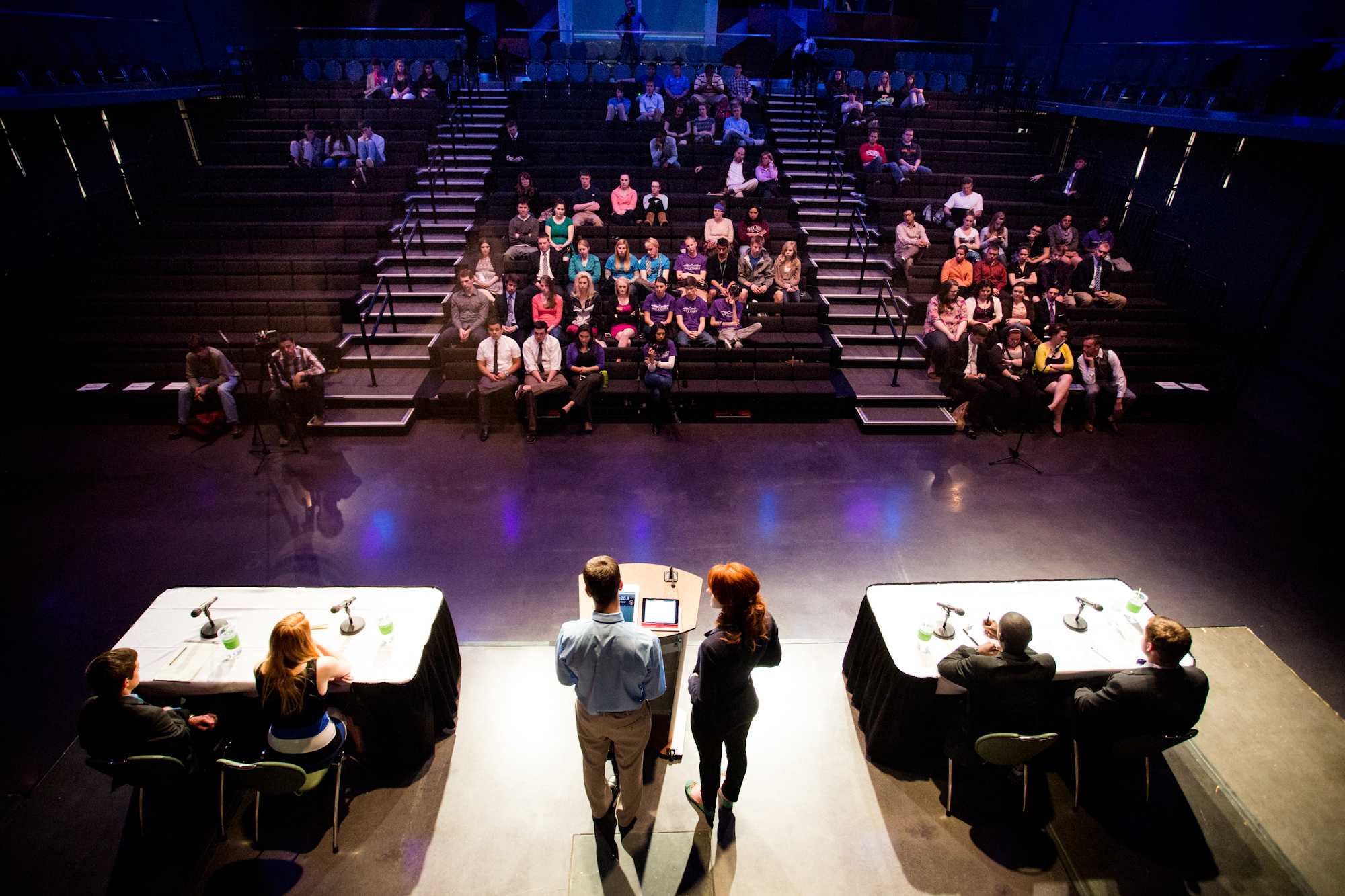 Left to right, candidates John Stockley and Wendy Bowling sit next to debate moderators Collegian Editor in Chief Greg Mees and CTV Station Manager Kaitie Huss while debating with candidates Nigel Daniels and Andrew Olson at the Formal ASCSU Presidential Debate in the LSC Theater Wednesday night.