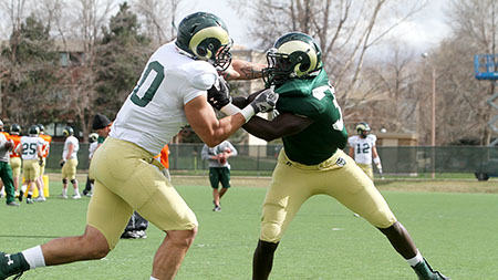 Tight end Crockett Gillmore (10) sets up a block against Bryan Ohene (36) at practice on Thursday. The Rams will have a scrimmage in Glendale Colorado on April 13th.